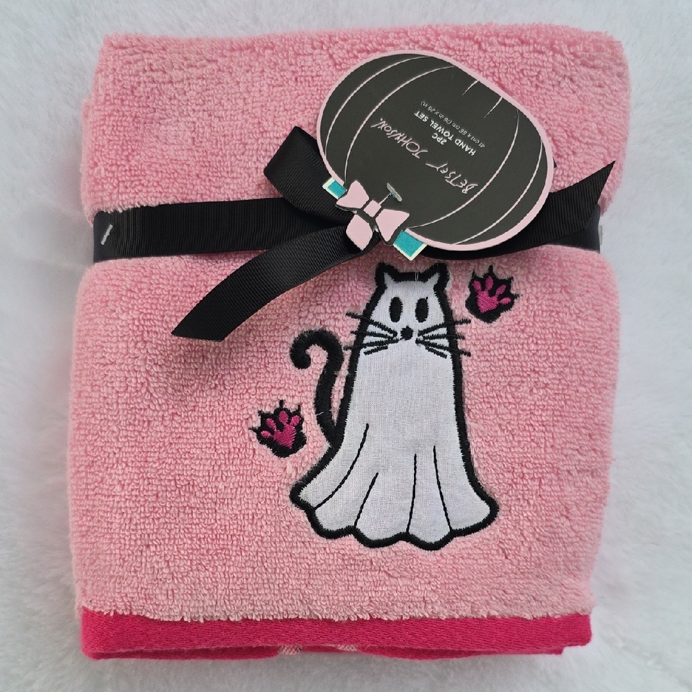 Betsey Johnson 2 PC Set Pink Hand Towels Ghost Kitty Cat Halloween Costume Paw